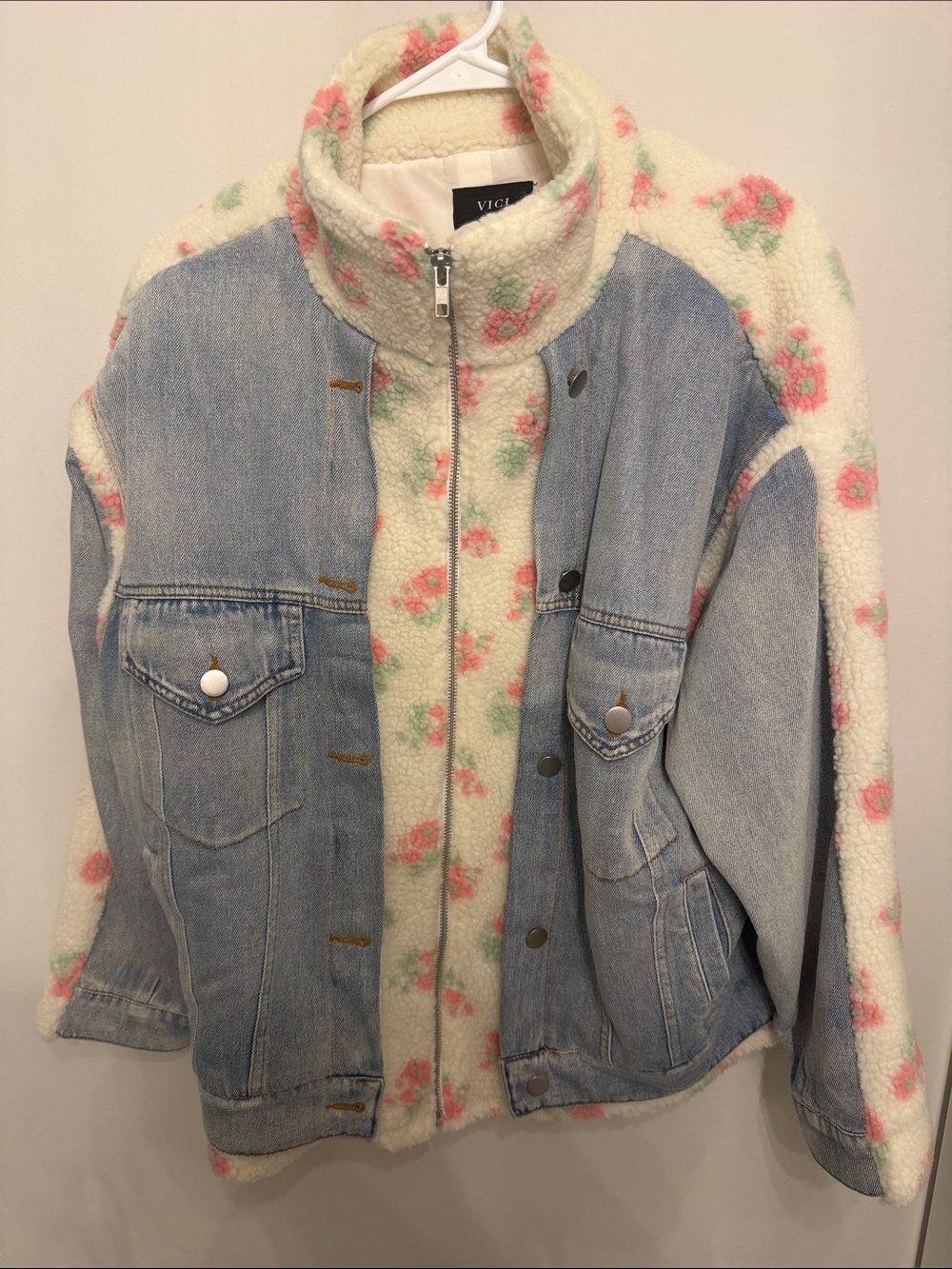 VICI Light Wash Denim Jacket with Cream Sherpa & Pink Floral